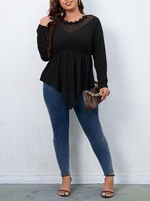 Camiseta de malla en contraste bajo hanky - Negro - Ver 1