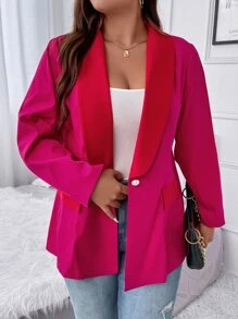 SHEIN Clasi 大碼青果領單釦西裝外套 - 玫紅色 - 查看 5