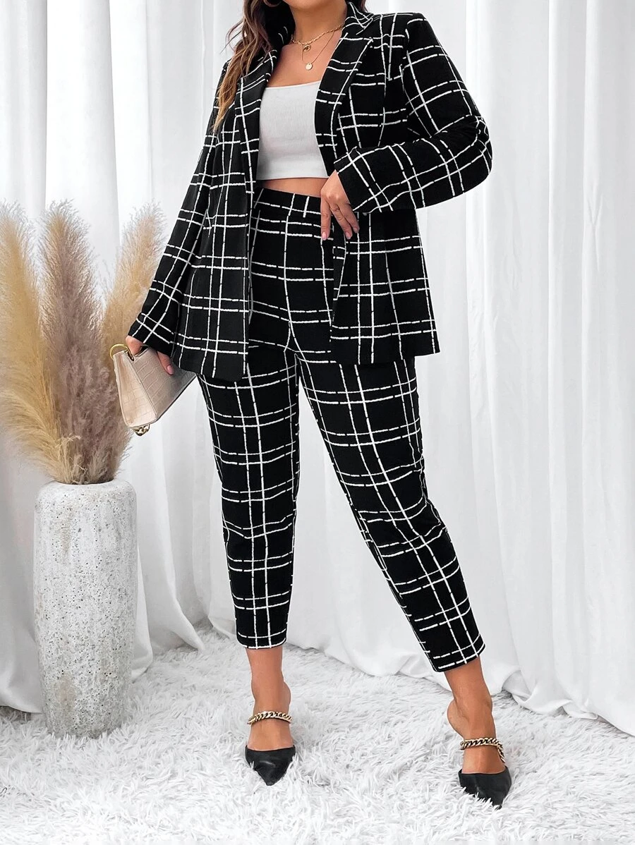SHEIN Clasi Blazer y pantalones con estampado de cuadros en otoño/invierno - Negro - Ver 1