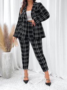 SHEIN Clasi Blazer y pantalones con estampado de cuadros en otoño/invierno - Negro - Ver 4