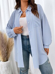 SHEIN EZwear Plus Striped Print Drop Shoulder Shirt - Blue and White - View 3