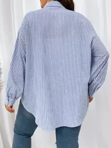 SHEIN EZwear Plus Striped Print Drop Shoulder Shirt - Blue and White - View 2