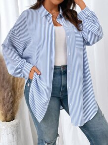 SHEIN EZwear Plus Striped Print Drop Shoulder Shirt - Blue and White - View 4
