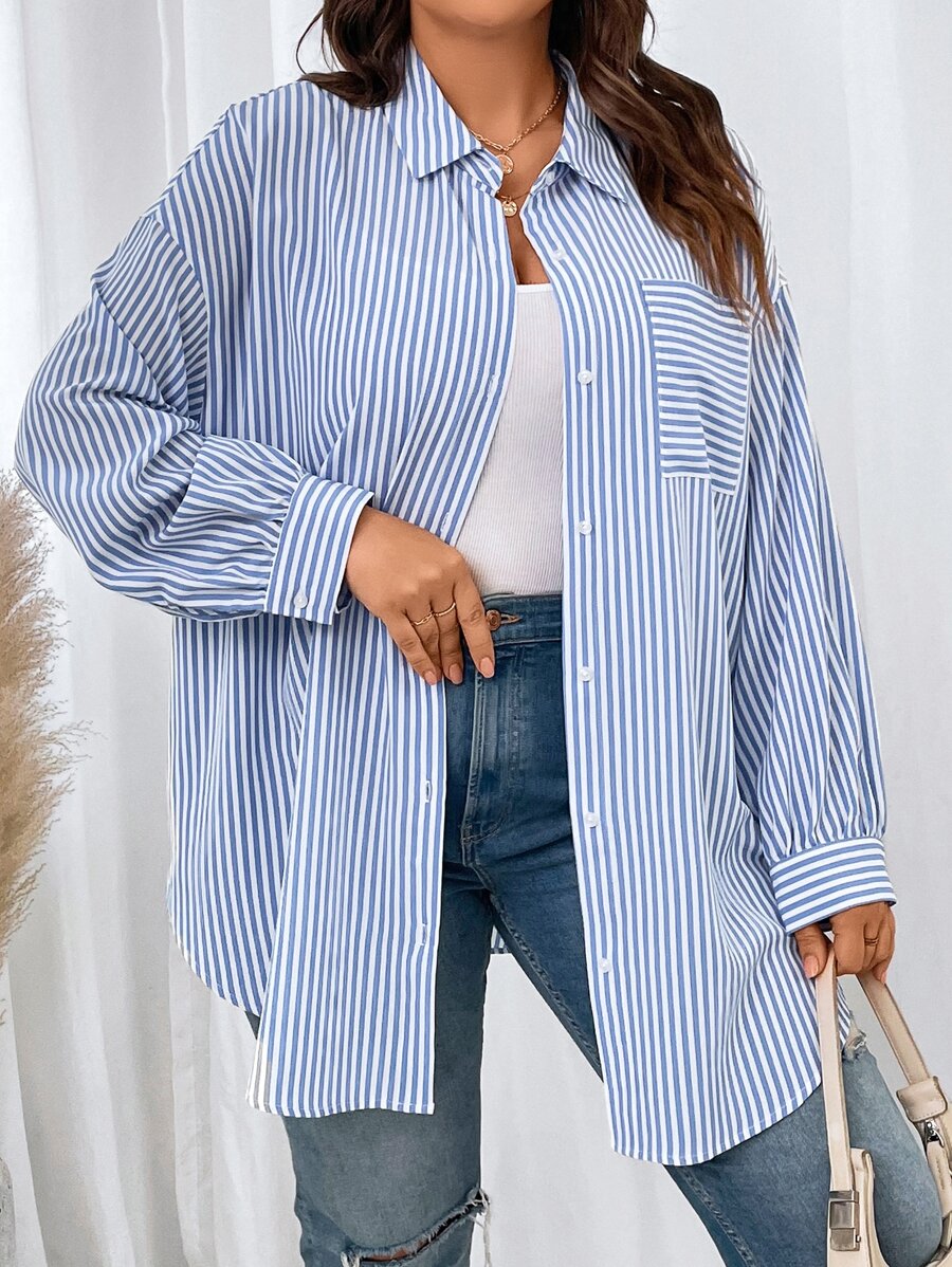SHEIN EZwear Plus Striped Print Drop Shoulder Shirt - Blue and White - View 1