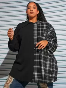 SHEIN CURVE+ Plus Plaid Drop Shoulder Drawstring Hoodie - Black and White - View 1