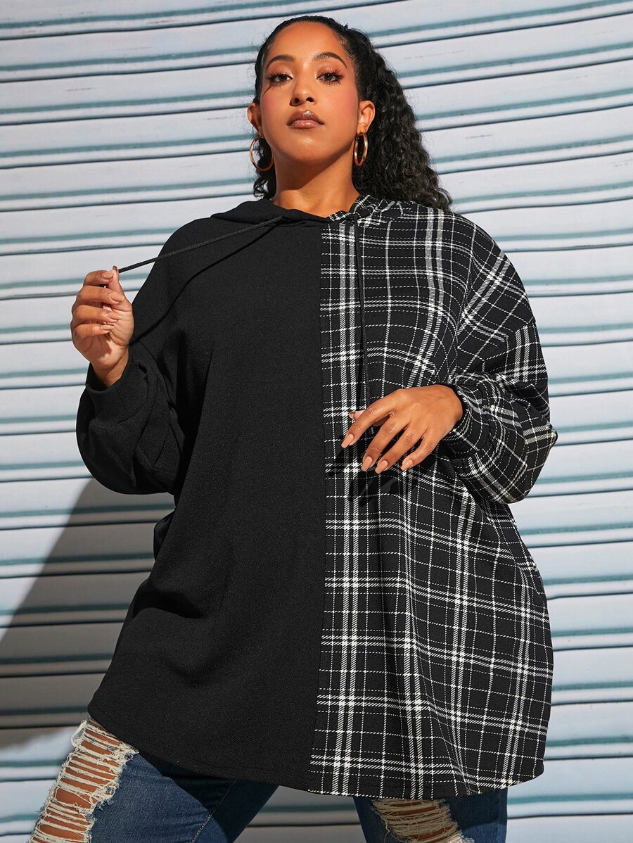 SHEIN CURVE+ Plus Plaid Drop Shoulder Drawstring Hoodie - Black and White - View 1