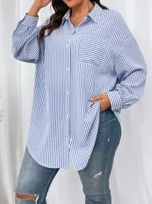 SHEIN EZwear Plus Striped Print Drop Shoulder Shirt - Blue and White - View 6