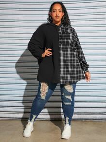 SHEIN CURVE+ Plus Plaid Drop Shoulder Drawstring Hoodie - Black and White - View 3