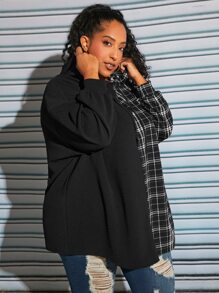 SHEIN CURVE+ Plus Plaid Drop Shoulder Drawstring Hoodie - Black and White - View 6