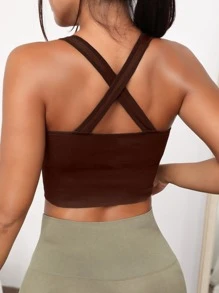 Solid Crisscross Back Crop Sports Bra - Brown - View 2