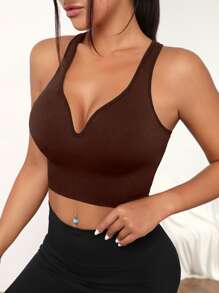 Solid Crisscross Back Crop Sports Bra - Brown - View 4