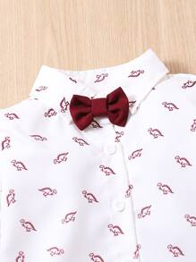 SHEIN Young Boy Cartoon Graphic Bow Front Shirt & Suspender Pants - Red and White - View 3