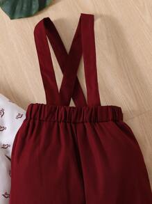 SHEIN Young Boy Cartoon Graphic Bow Front Shirt & Suspender Pants - Red and White - View 4