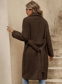 SHEIN LUNE Lapel Neck Slant Pocket Belted Teddy Coat - Coffee Brown - View 2