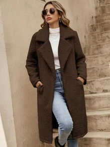 SHEIN LUNE Lapel Neck Slant Pocket Belted Teddy Coat - Coffee Brown - View 3