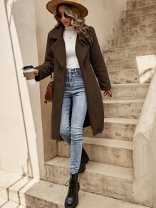 SHEIN LUNE Lapel Neck Slant Pocket Belted Teddy Coat - Coffee Brown - View 4