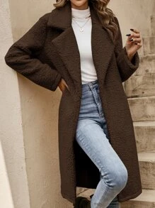 SHEIN LUNE Lapel Neck Slant Pocket Belted Teddy Coat - Coffee Brown - View 5