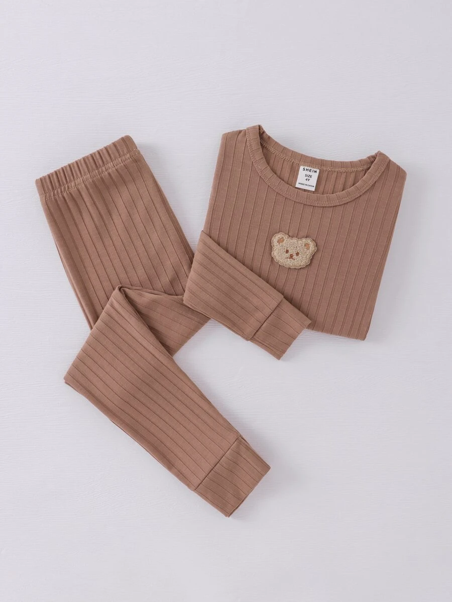 Conjunto De Pijama De Punto Acanalado Ajustado Con Detalle De Parche De Oso Para Niños(as) - Caqui - Ver 1