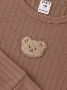 Conjunto De Pijama De Punto Acanalado Ajustado Con Detalle De Parche De Oso Para Niños(as) - Caqui - Ver 3