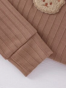 Conjunto De Pijama De Punto Acanalado Ajustado Con Detalle De Parche De Oso Para Niños(as) - Caqui - Ver 4