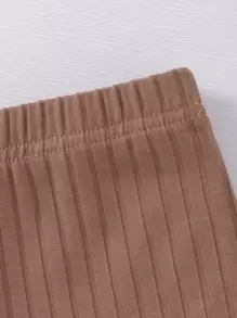 Conjunto De Pijama De Punto Acanalado Ajustado Con Detalle De Parche De Oso Para Niños(as) - Caqui - Ver 5