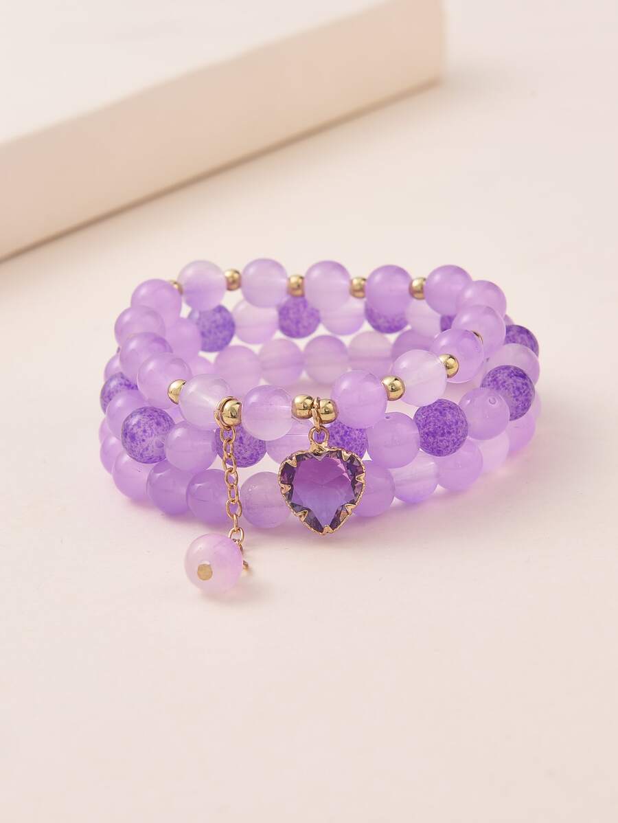 3 chiếc vòng tay đính cườm quyến rũ trái tim - Màu tím - Xem 1