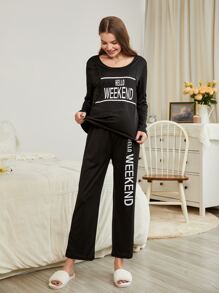 SHEIN Maternity Slogan Graphic Nursing PJ Set - Black - View 5