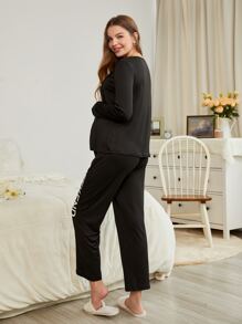 SHEIN Maternity Slogan Graphic Nursing PJ Set - Black - View 2