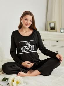 SHEIN Maternity Slogan Graphic Nursing PJ Set - Black - View 3