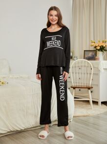 SHEIN Maternity Slogan Graphic Nursing PJ Set - Black - View 6