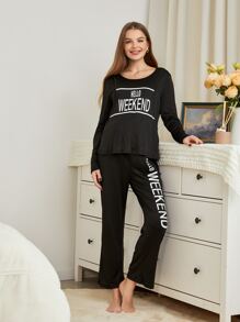 SHEIN Maternity Slogan Graphic Nursing PJ Set - Black - View 4
