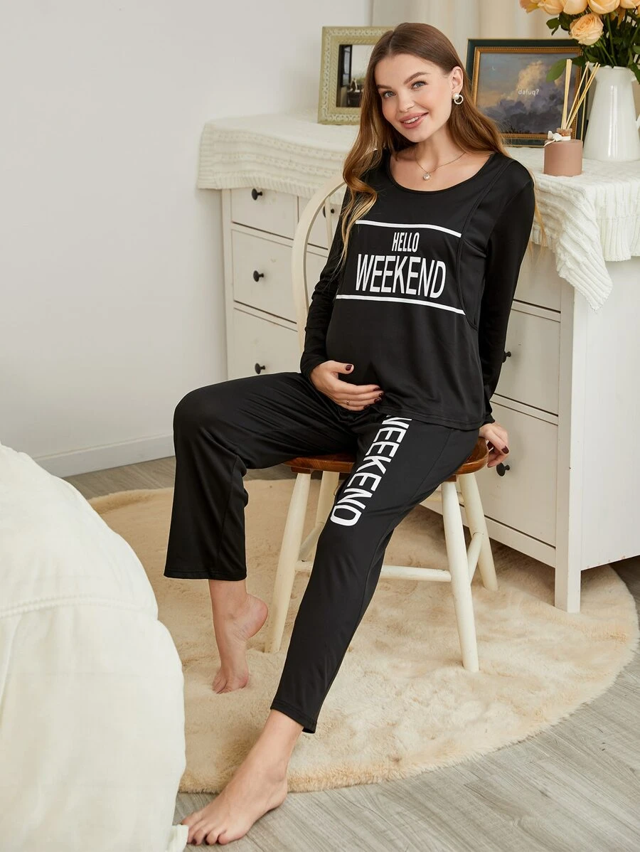 SHEIN Maternity Slogan Graphic Nursing PJ Set - Black - View 1