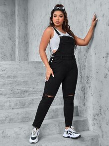 SHEIN EZwear Petos mezclilla desgarro sin top tank - Negro - Ver 3