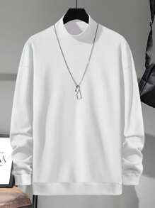 Manfinity Hypemode Loose Fit Men's Solid Color Mock Neck Drop Shoulder Sweatshirt Without Necklace - White - View 3