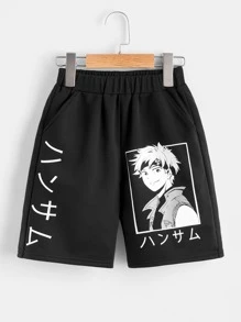 SHEIN Quần Short Trai Túi Lá thư Con số Giải trí - màu đen - Xem 1