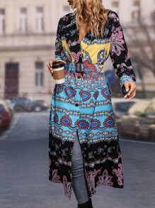 Paisley Print Lapel Neck Button Through Belted Trench Coat - Multicolor - View 1