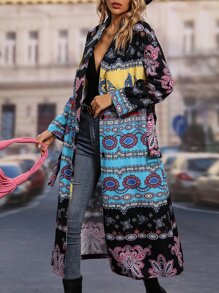 Paisley Print Lapel Neck Button Through Belted Trench Coat - Multicolor - View 3