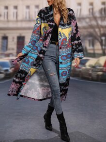 Paisley Print Lapel Neck Button Through Belted Trench Coat - Multicolor - View 4