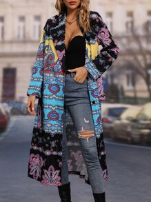 Paisley Print Lapel Neck Button Through Belted Trench Coat - Multicolor - View 5