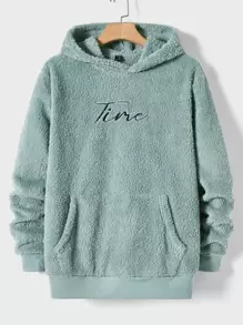 Manfinity Men Letter Embroidery Kangaroo Pocket Teddy Hoodie - Mint Green - View 1