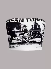 SHEIN EZwear Butterfly & Letter Graphic Crop Tube Top - Black and White - View 1