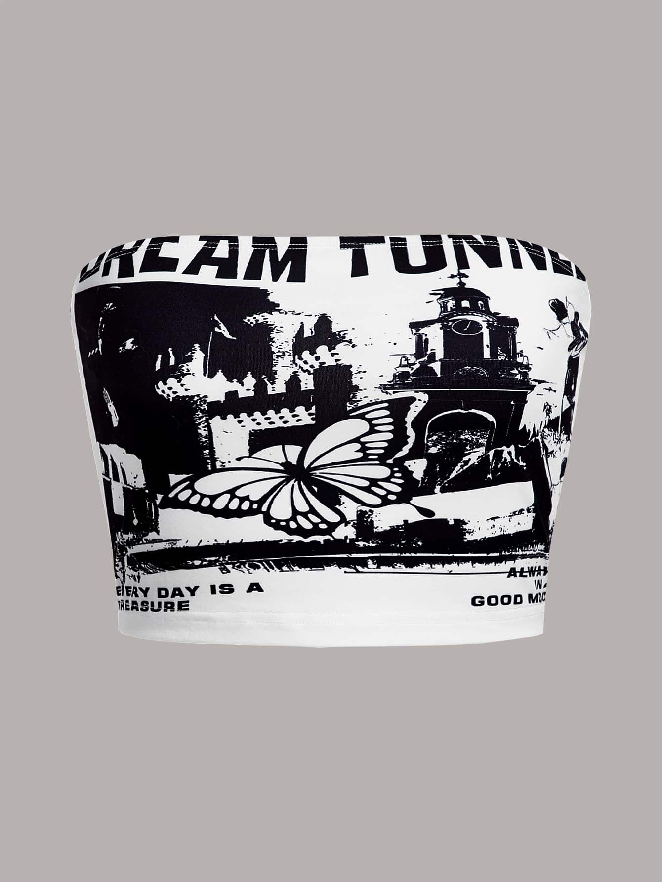 SHEIN EZwear Butterfly & Letter Graphic Crop Tube Top - Black and White - View 1