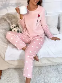 Heart & Letter Embroidery Flannel PJ Set - Baby Pink - View 1