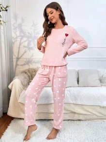 Heart & Letter Embroidery Flannel PJ Set - Baby Pink - View 5