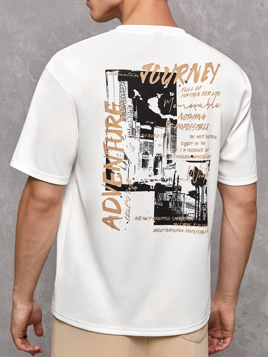 GENTILAND Oversized Men's Slogan Graphic Round Neck T-Shirt - White - View 1