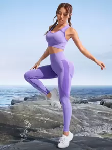 Easithlete Cut Out Racer Back Scrunch Butt Wideband Waist Sports Set Workout Set - Violet Purple - View 2