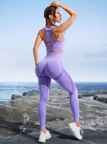 Easithlete Cut Out Racer Back Scrunch Butt Wideband Waist Sports Set Workout Set - Violet Purple - View 3