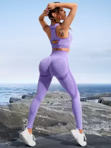 Yoga Basic Yoga Leggings Marled Knit Seamless Hip-hugging Tummy Control Training Leggings - Purple - View 4