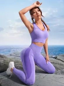 Easithlete Cut Out Racer Back Scrunch Butt Wideband Waist Sports Set Workout Set - Violet Purple - View 6