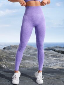 Yoga Basic Yoga Leggings Marled Knit Seamless Hip-hugging Tummy Control Training Leggings - Purple - View 5